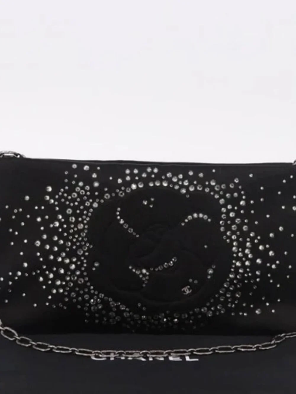 CHANEL Camelia Chain Shoulder Bag Satin Black Silver CC Auth 184869SM